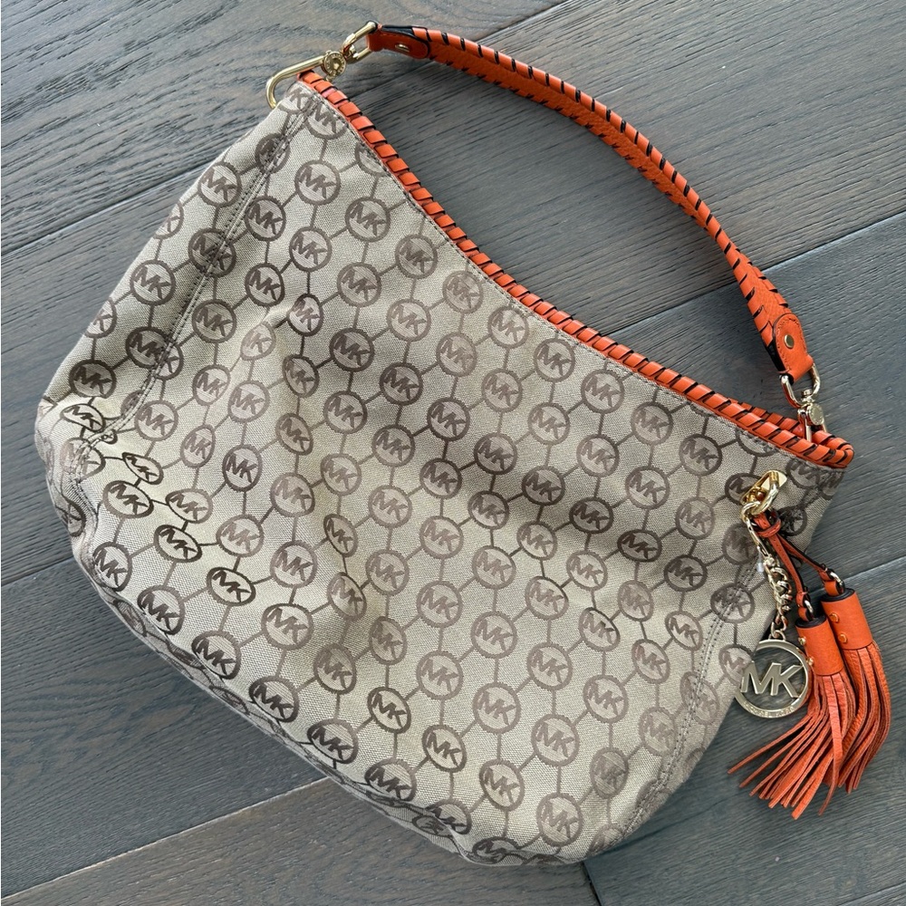 LIKE NEW Large Michael Kors Logo Shoulder Bag- Orange Leather Detailing